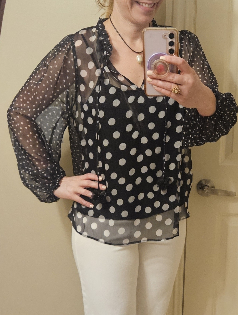 Renuar Sheer Polka Dot Chiffon Blouse Black White Romantic Boho Top S/P